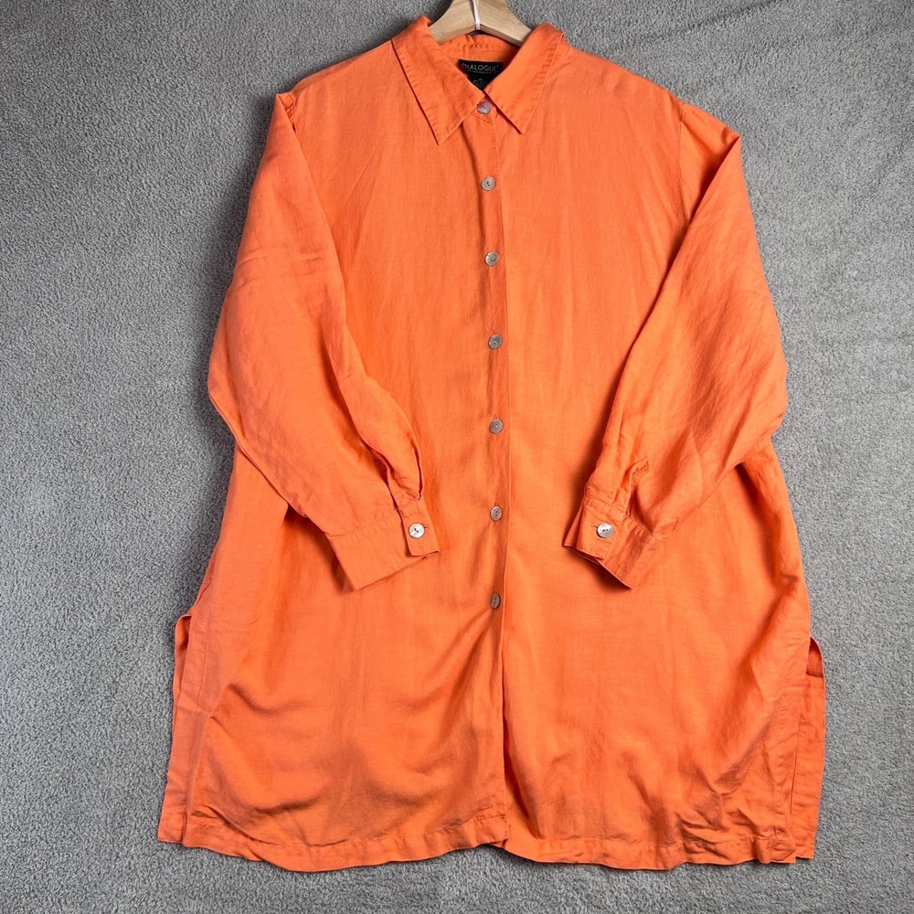 Dialogue‎ Shirt Women's 1X Orange Linen Blend Button Front Tunic Shirt Top